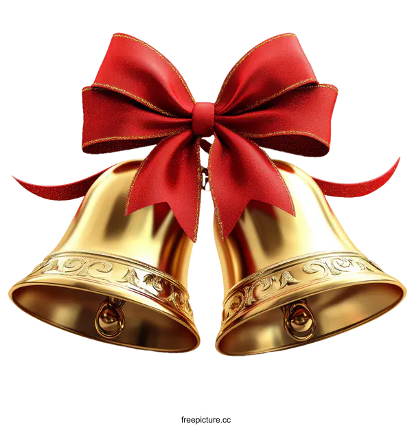 [Transparent Background PNG]Golden Christmas Bells with Red Ribbon