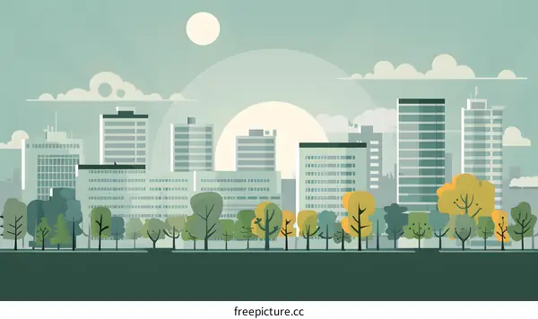 Flat Design Cityscape with Green Trees and Buildings