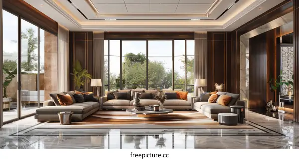 Modern and Luxurious Living Room with Floor to Ceiling Windows and Marble Tile