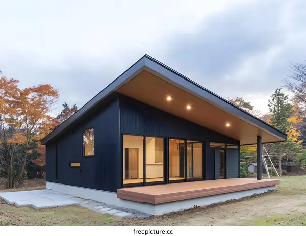 Modern Black House with Wooden Deck and Large Windows