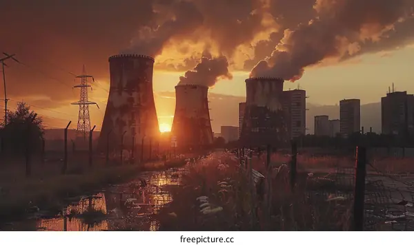 The sunset over the power plant