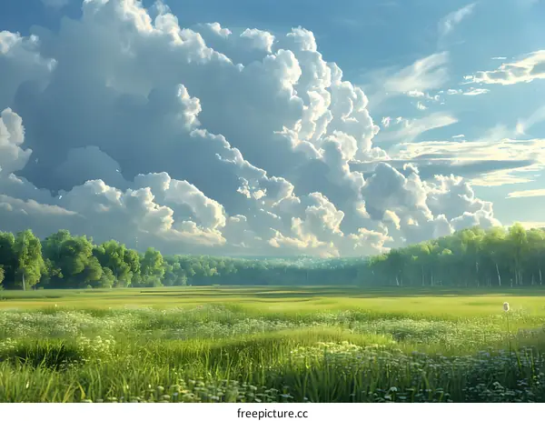 Green field and blue sky with clouds