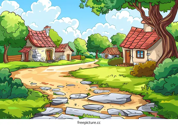 Cartoon Village Scene With Houses, Trees, and a Winding Road