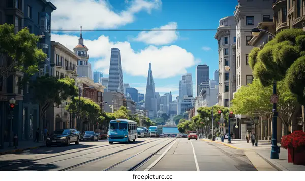 Busy city street with cable car and cars foreground and skyscraper background