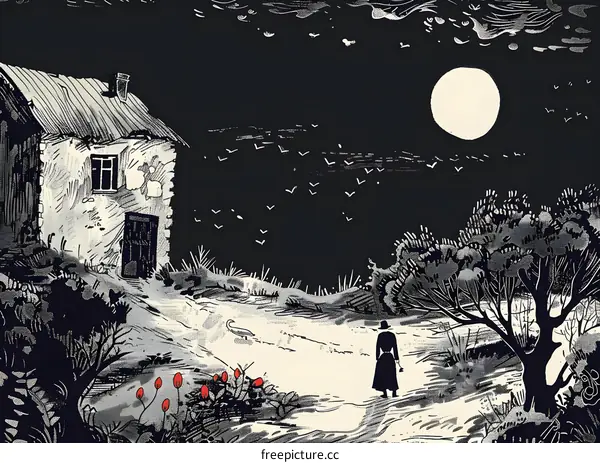 Black and White Illustration of a Woman Walking Alone at Night