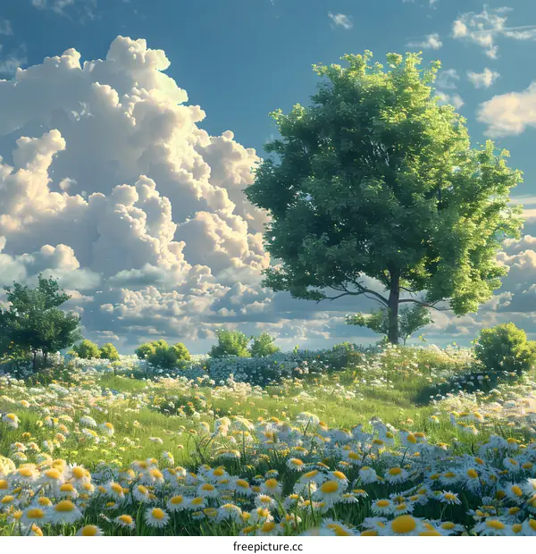 White flowers bloom on the hillside