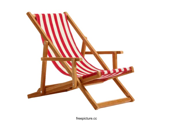 [Transparent Background PNG]Red and White Striped Wooden Beach Chair