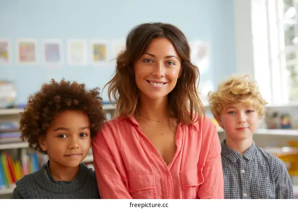 Smiling Teachers and Students in a Classroom Setting
