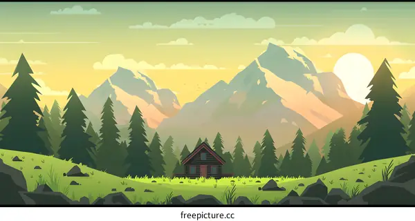 Cabin in the Mountains at Sunset