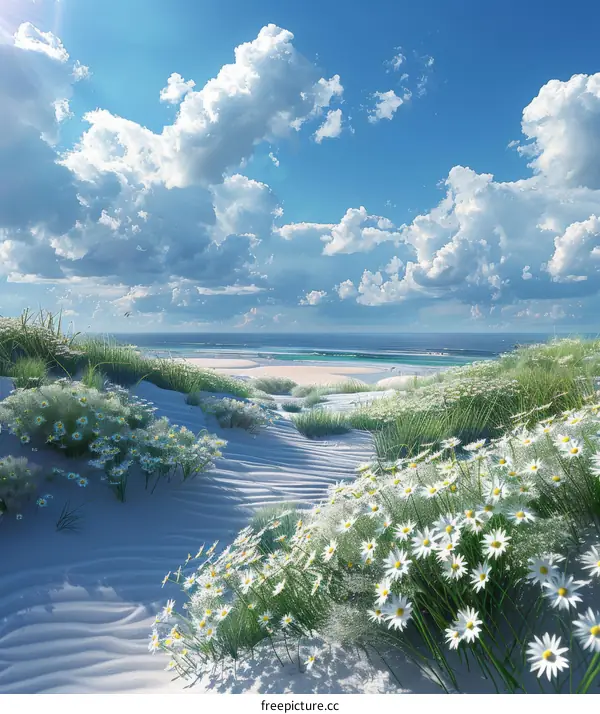 White daisies blooming on a sand dune