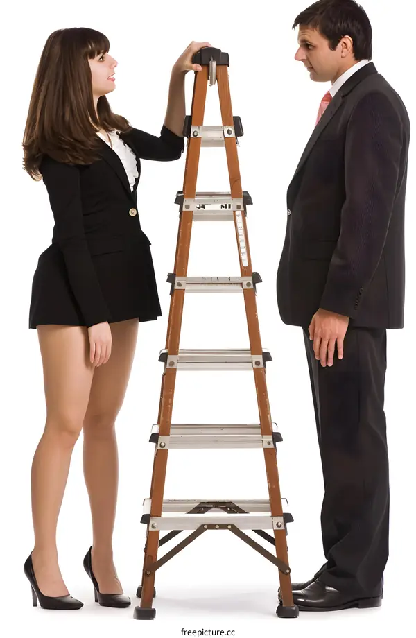 Businesswoman Reaching For Success Using A Ladder