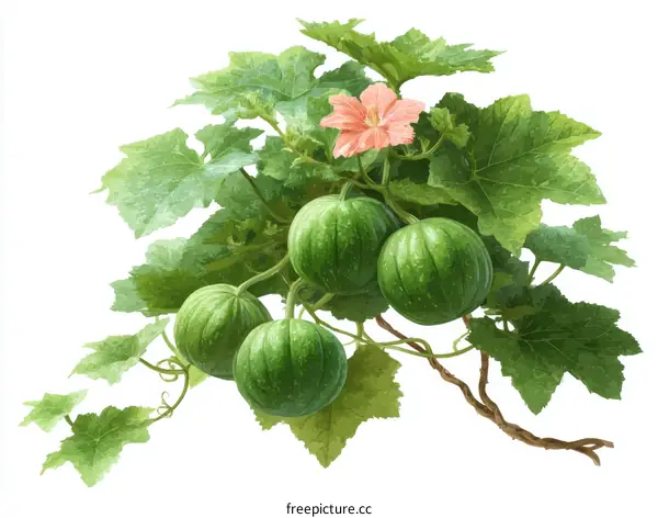 Gourd Plant with Leaves and Pink Flower Illustration