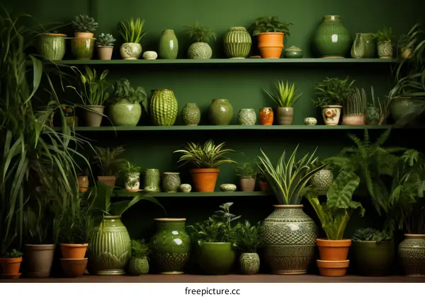 An abundance of green plants and pots of various sizes and hues on dark green shelves against a dark green wall