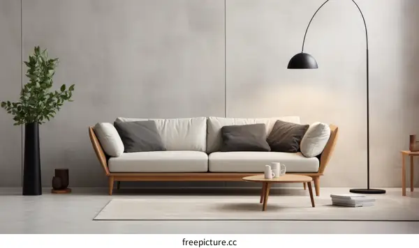 A stylish living room with a comfortable sofa, coffee table, and lamp