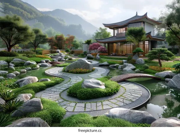 Zen Garden Courtyard with Pond and Bridge