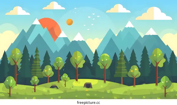 Mountain Landscape with Green Trees and Blue Sky