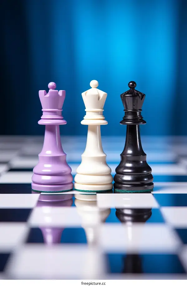 Three chess queens on a chessboard