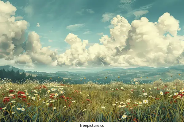 Rolling Hills and Vibrant Blooms in a Serene Meadow