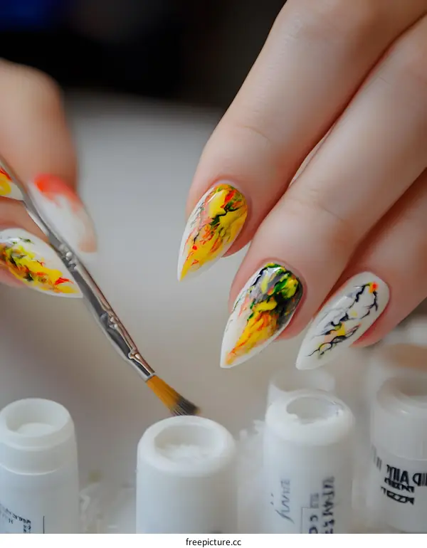 Close Up Of Woman Hands With Long Nails And Abstract Nail Art