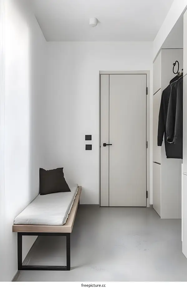 Modern Minimalist Interior Design of a White Hallway with a Wooden Bench