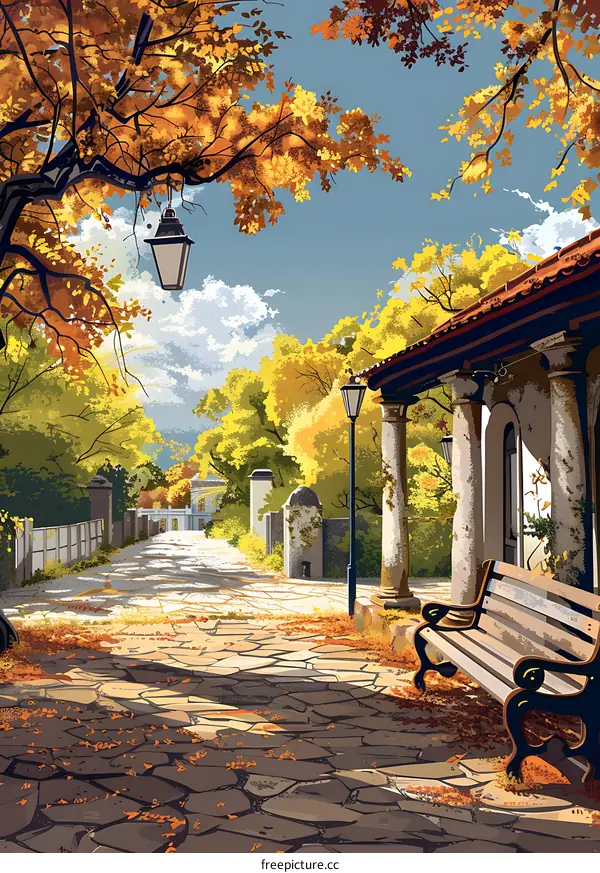 Autumn Landscape with Stone Pathway and Wooden Bench