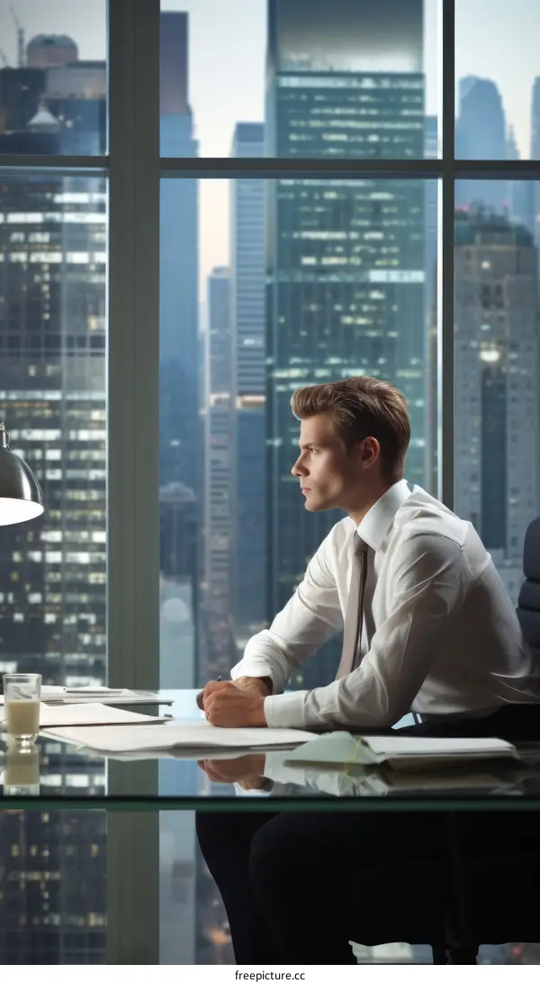 Businessman looking out at the city from his office window