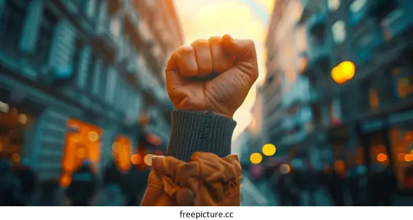 Raised fist in front of blurred cityscape at sunset