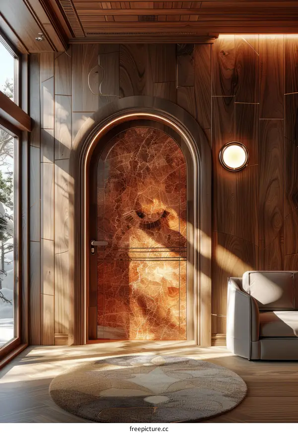 Modern Wooden Door with Circular Marble Inlay