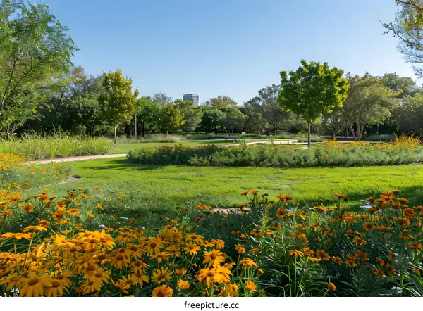 A beautiful park with a lot of yellow flowers and green grass