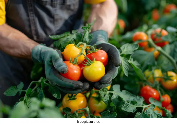 Farmer Harvesting Ripe Tomatoes in Greenhouse