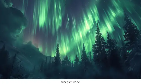 Aurora borealis in a winter forest