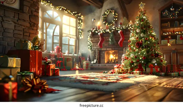 Christmas tree by the fireplace