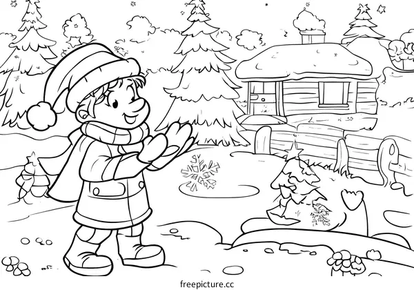 Happy Boy in Winter Wonderland Coloring Page