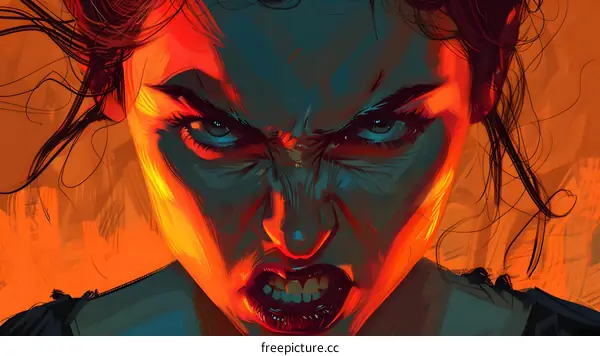 A portrait of a woman with red hair and green eyes. Her expression is one of anger and determination.