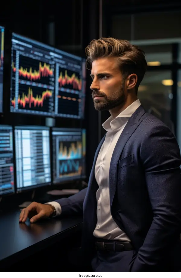 Pensive young male stock trader analyzing charts and graphs on multiple computer screens