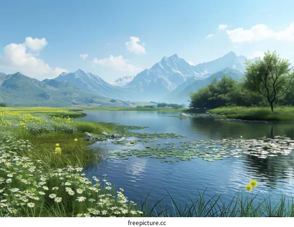Tranquil Mountain Lake in a Valley with Blooming Flowers and Trees