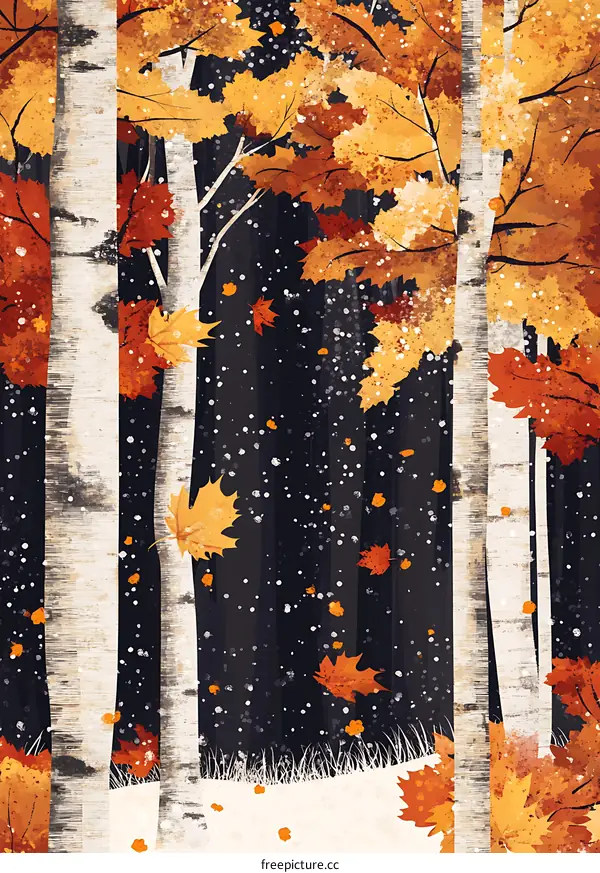 Autumn Forest Painting with White Birch Trees