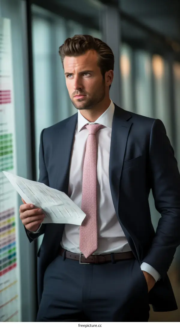 A businessman wearing a suit and tie is looking at a document.