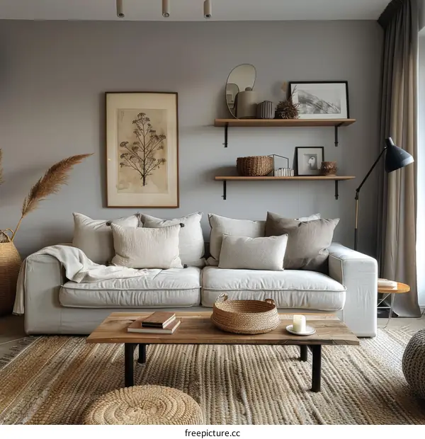 A cozy living room with a neutral color palette and natural materials