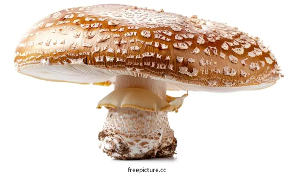 close up photo of a large brown mushroom with a white background