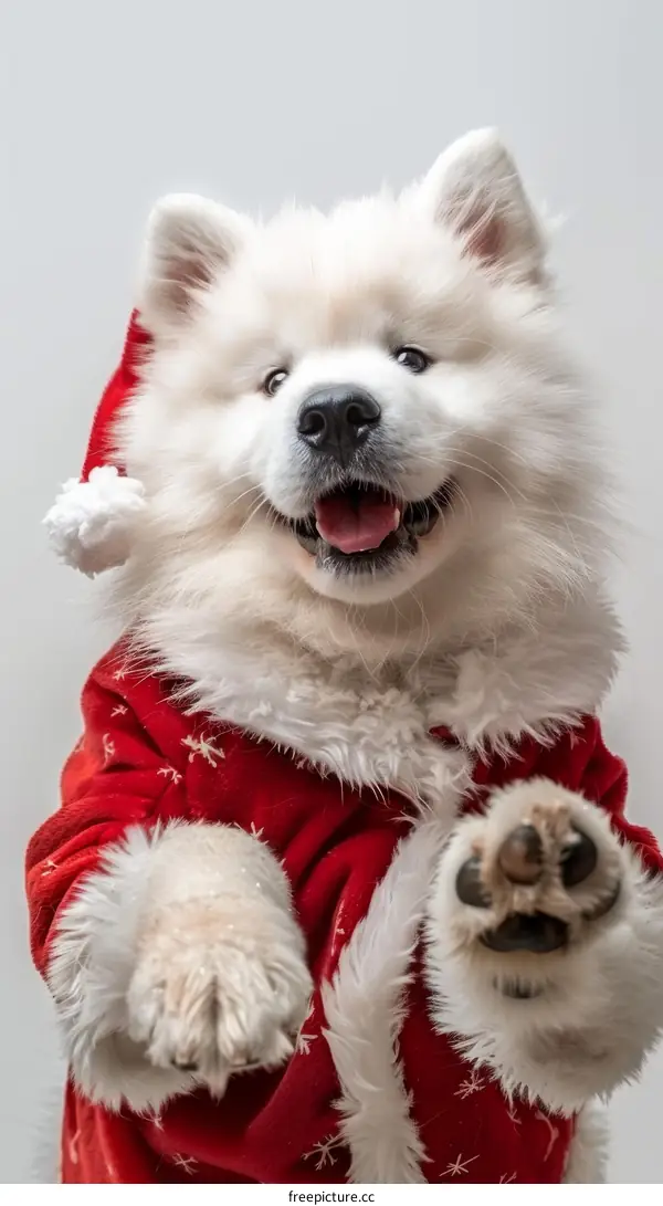 Samoyed dog wearing a Santa hat
