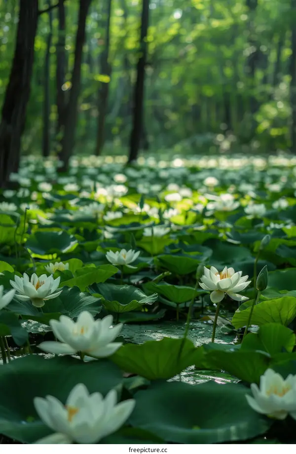White Lotus Flowers in a Pond with Green Leaves and Trees