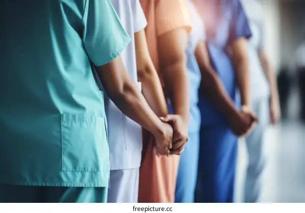 Multiracial group of doctors holding hands in solidarity