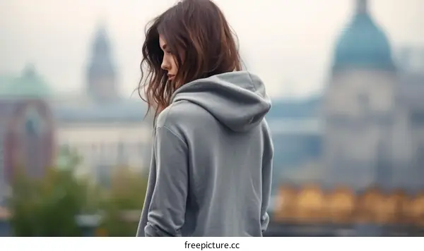 girl in grey hoodie looking at city