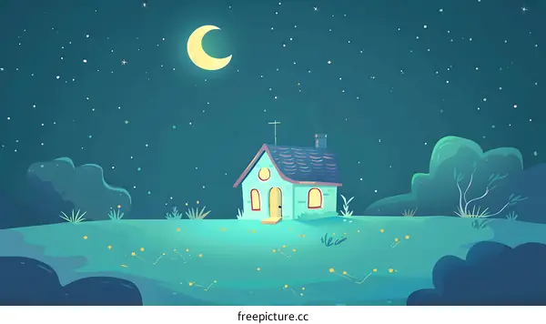 Night Sky with Crescent Moon and Small House Illustration