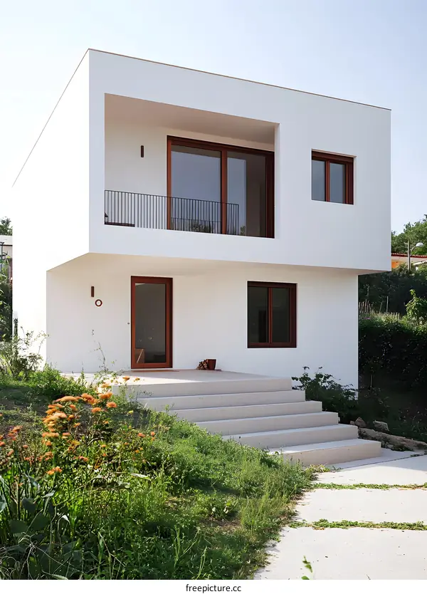 Modern Minimalist White House Exterior with Wooden Doors and Balcony