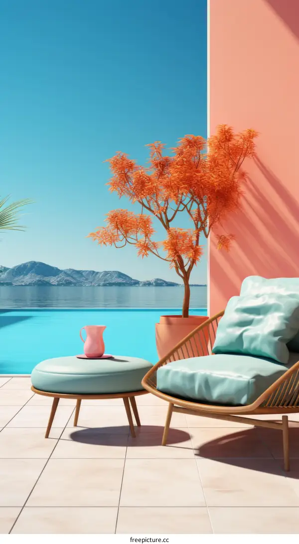 3D Exterior Patio with Chair, Table, and Tree