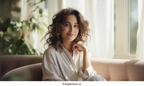 A beautiful young woman with curly hair is sitting on a couch and smiling.