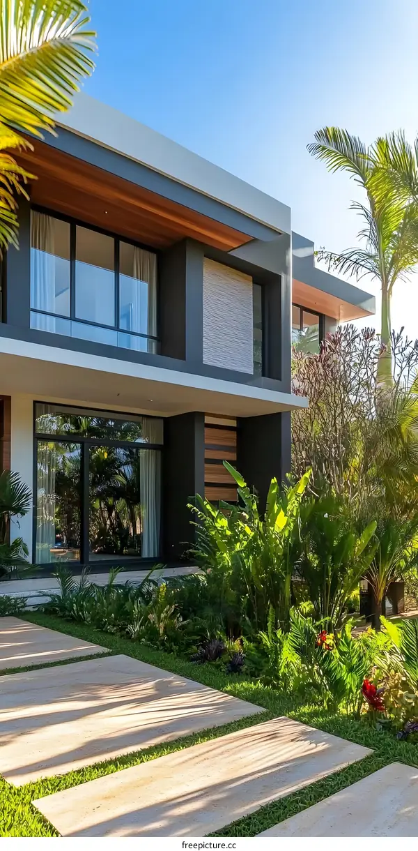 Modern House With Palm Trees and Stone Pathway