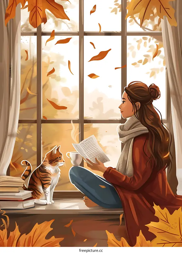 Woman Reading Book with Cat by Window in Autumn